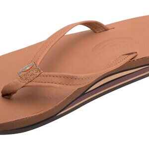 Rainbow Sandals: CLASSIC LEATHER TAN W\BROWN DOUBLE LAYER NARROW STRAP